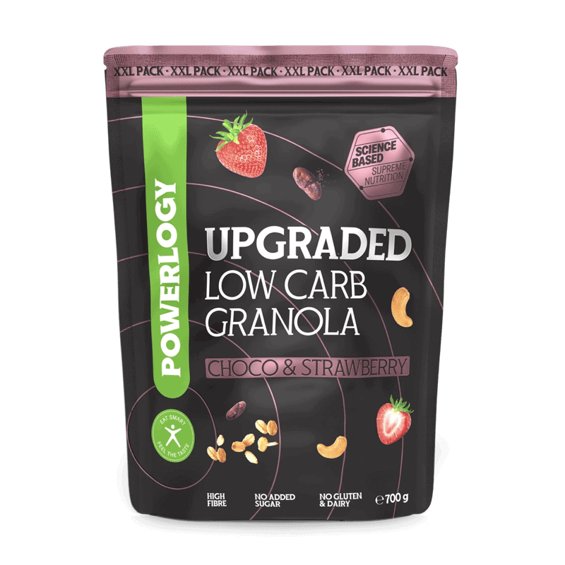 Powerlogy Upgraded Low Carb Granola Choco & Strawberry 700 g XXL Bezlepková nízkosacharidová granola s čakankovou vlákninou, horkou čokoládou, kešu a…