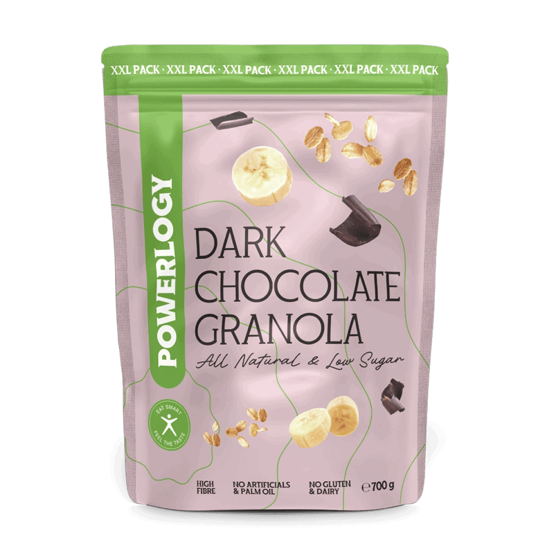 Powerlogy Dark Chocolate Granola 700 g XXL Bezlepková raňajková granola s banánmi, kešu a kúskami čokolády