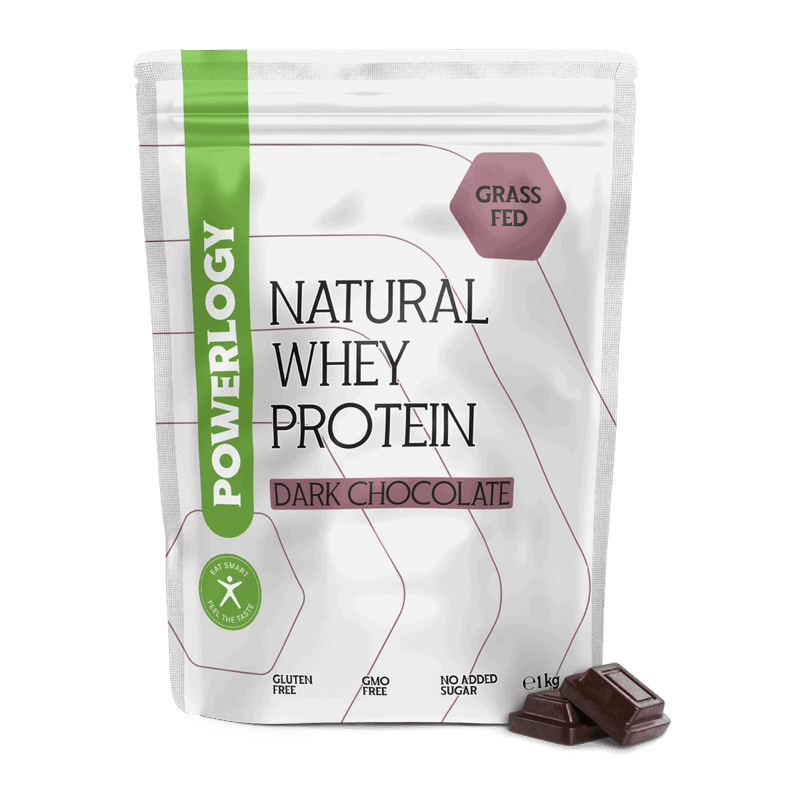 Powerlogy Whey Protein Dark Chocolate 1 kg 100 % čistý grass-fed srvátkovo-ryžový proteín s príchuťou tmavej čokolády bez umelých sladidiel