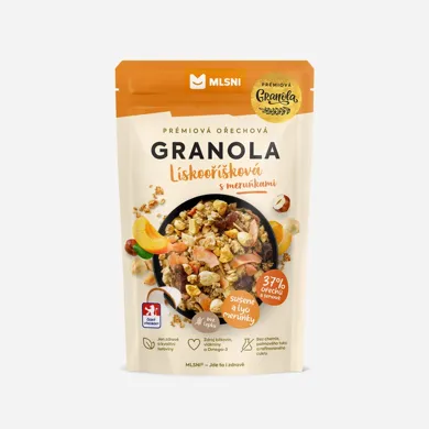 Prémiová granola Chrumkava Lískooriešková s marhuľami 400 g
