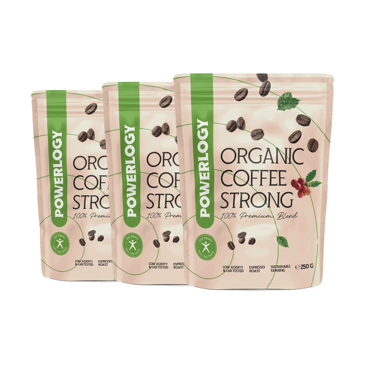 Powerlogy Organic Coffee Strong 3 x 250 g Extra silná BIO zrnková káva s vyšším obsahom kofeínu, bez kyslosti