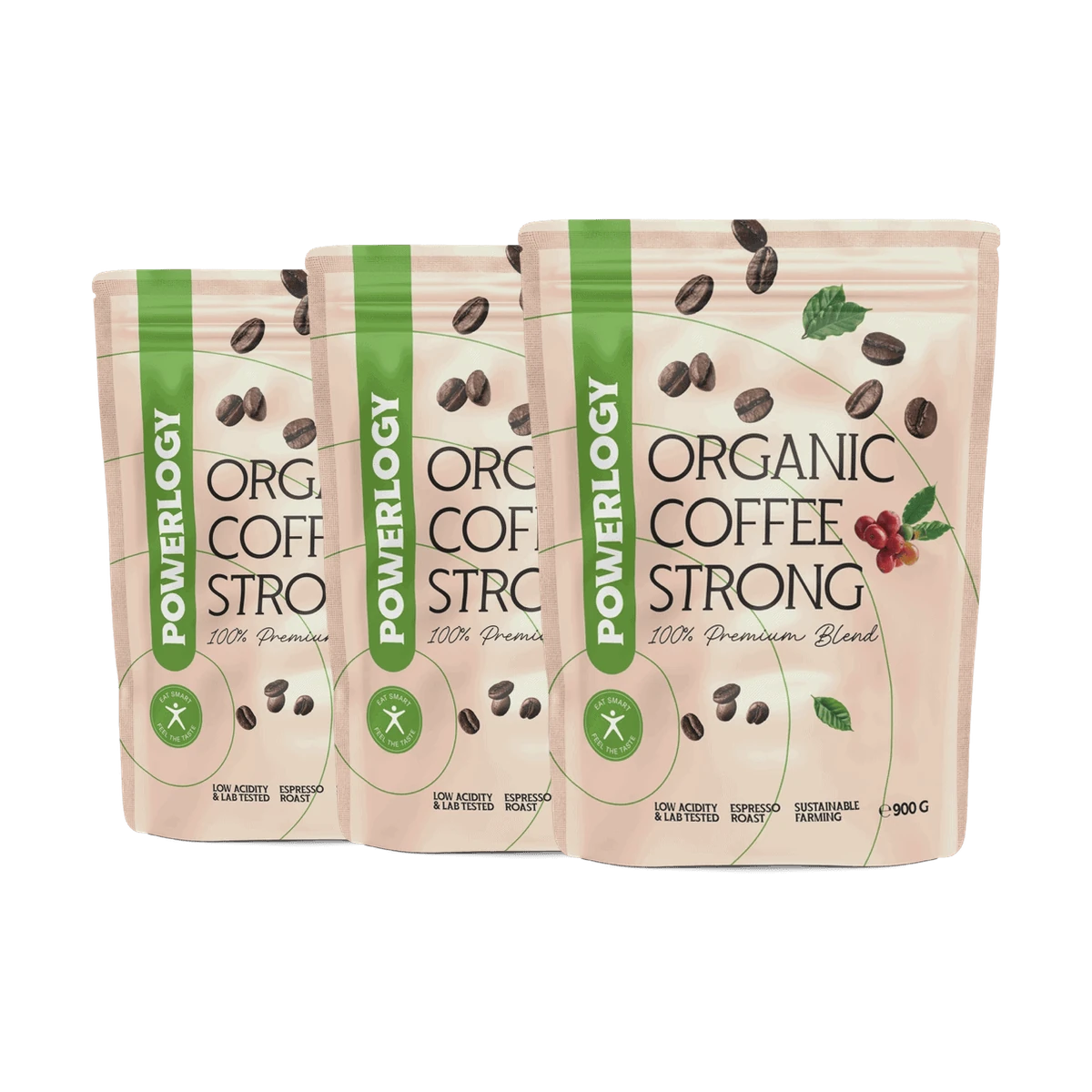 Powerlogy Organic Coffee Strong 3 x 900 g Veľké balenie extra silnej BIO zrnkovej kávy s vyšším obsahom kofeínu, bez kyslosti