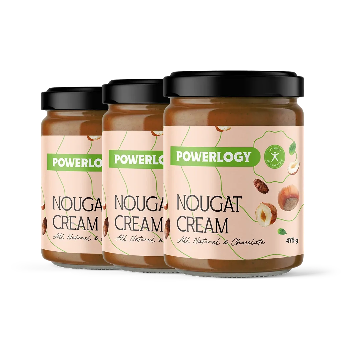 Powerlogy Nougat Cream 3 x 475 g Veľké balenie chrumkavého lieskovoorieškového nugátu s kakaom