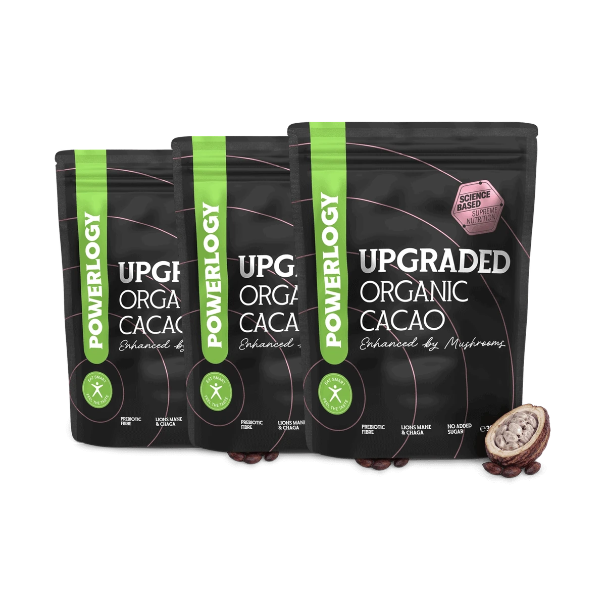 Powerlogy Upgraded Organic Cacao 3 x 300 g Nepražené BIO kakao s medicínskymi hubami Chaga a Lions Mane z Fínska