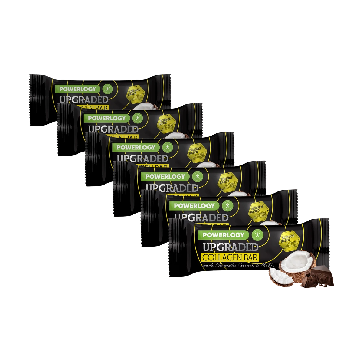 Powerlogy Upgraded Collagen Bar Dark Chocolate 6 x 50 g Tyčinka so hydrolyzovaným kolagénom, prebiotickou vlákninou, kokosom a horkou čokoládou