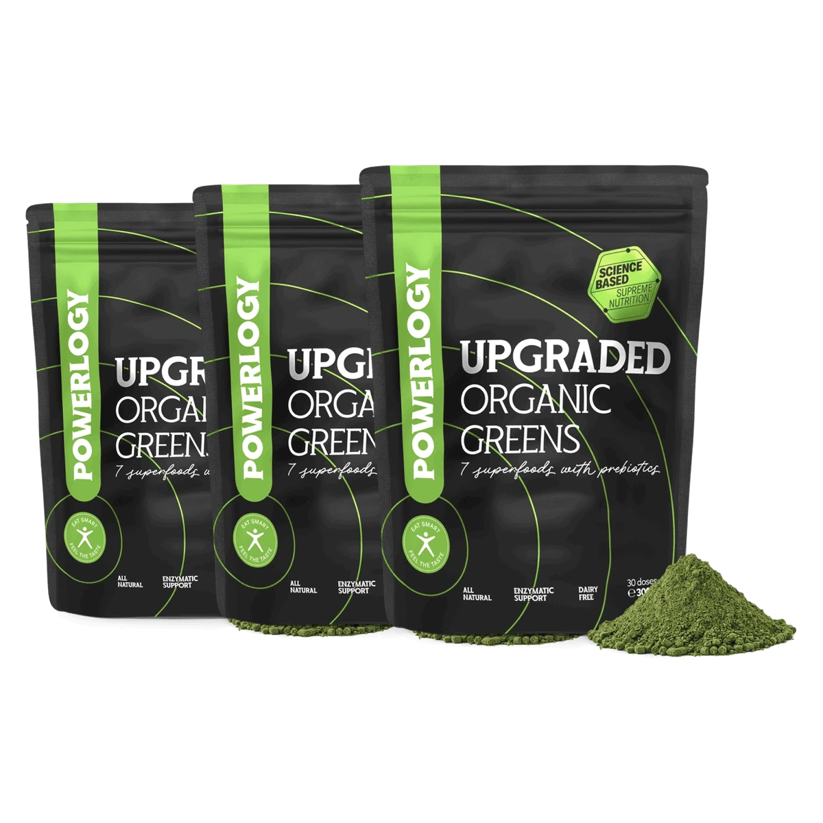 Powerlogy Upgraded Organic Greens 3 x 300 g BIO superfood mix 7 zelených potravín a prebiotickej vlákniny
