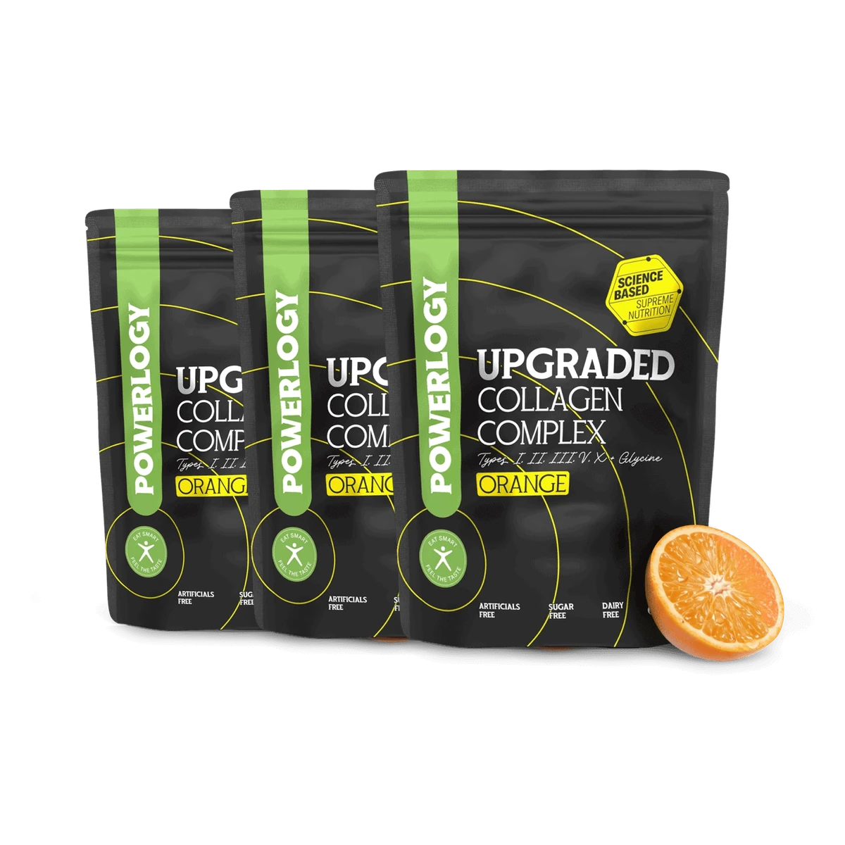 Powerlogy Upgraded Collagen Complex Orange 3 x 300 g Multikolagénový komplex s extra glycínom, vitamínom C a pomarančovou príchuťou