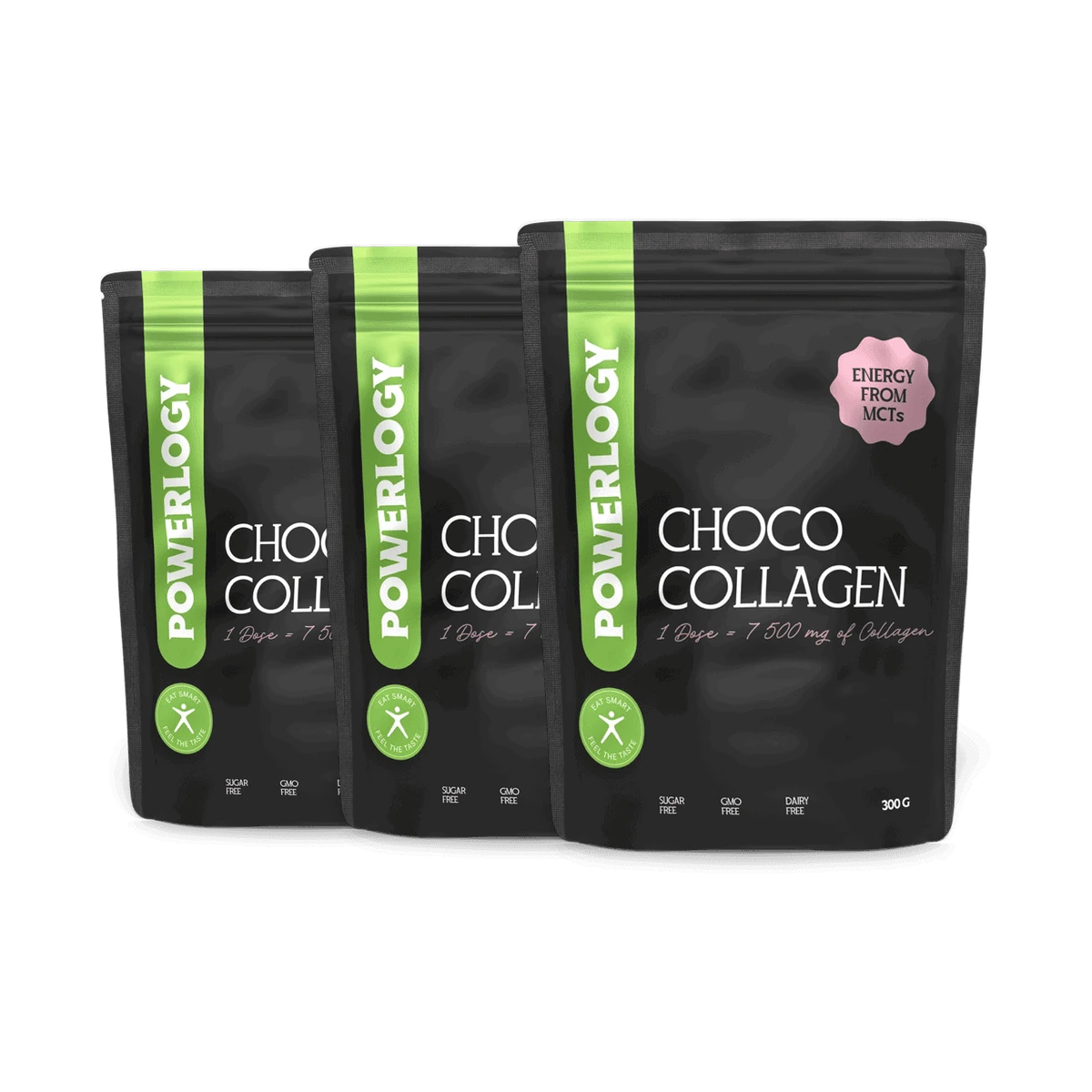 Powerlogy Choco Collagen 3 x 300 g Hydrolyzovaný grass fed kolagén s kakaom, MCT a prebiotickou vlákninou