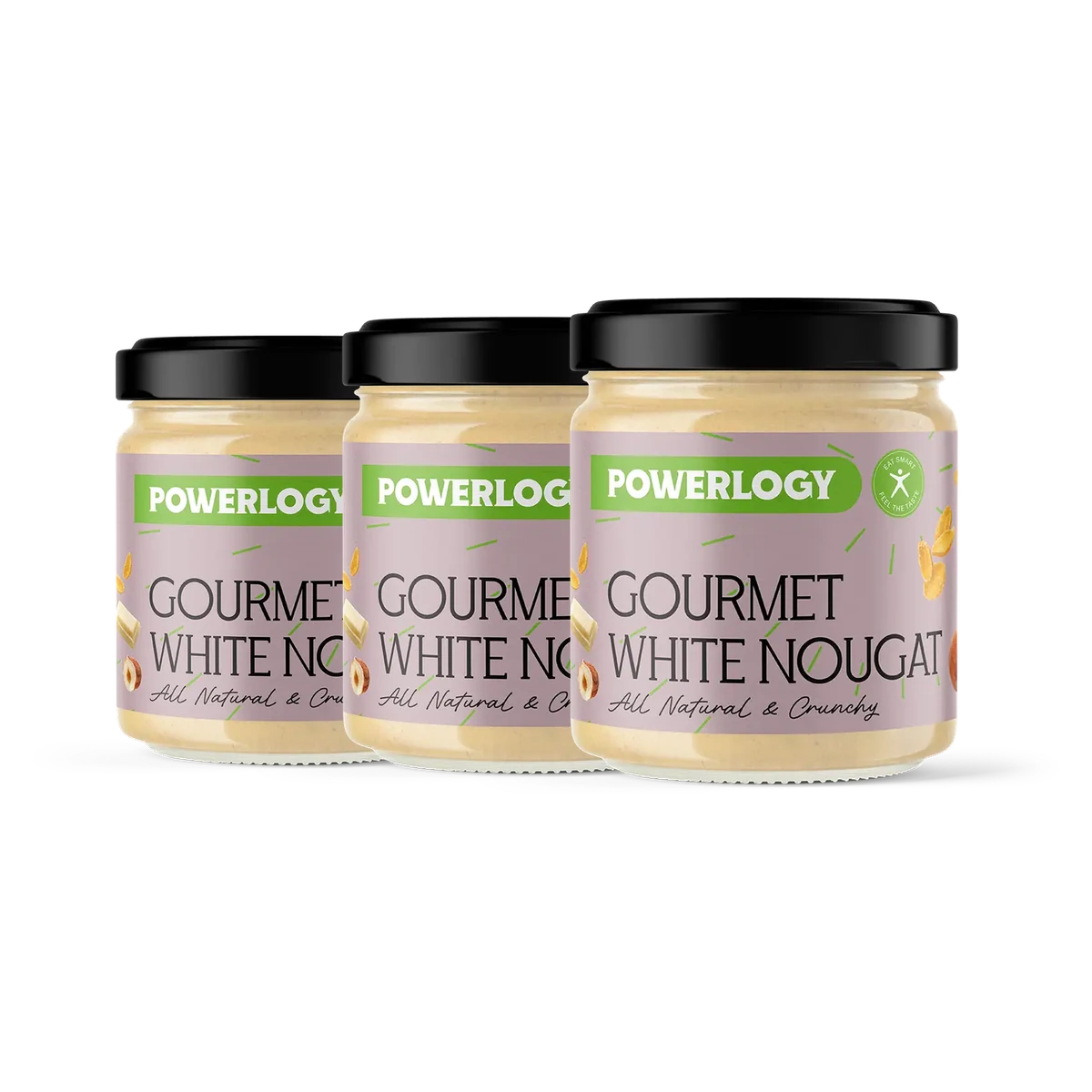 Powerlogy White Nougat Cream 3 x 330 g Chrumkavý biely nugát z Piemontských lieskovcov, kešu a vegánskej bielej čokolády
