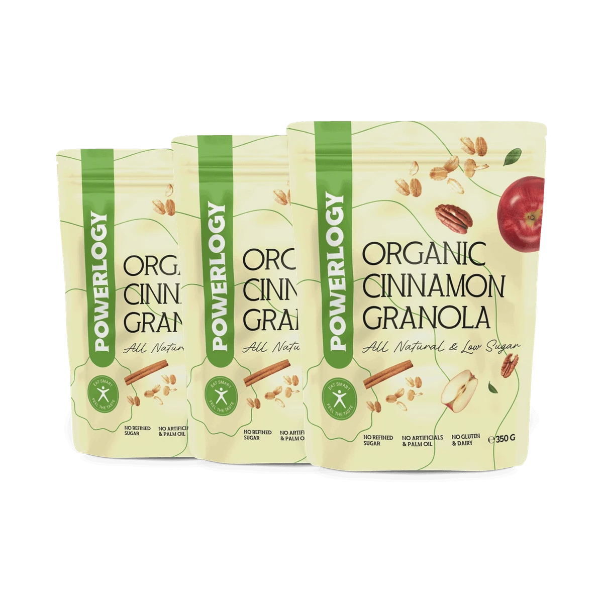 Powerlogy Organic Cinnamon Granola 3 x 350 g Bezlepková BIO raňajková granola s jablkami, škoricou, pekanovými orechmi a javorovým sirupom