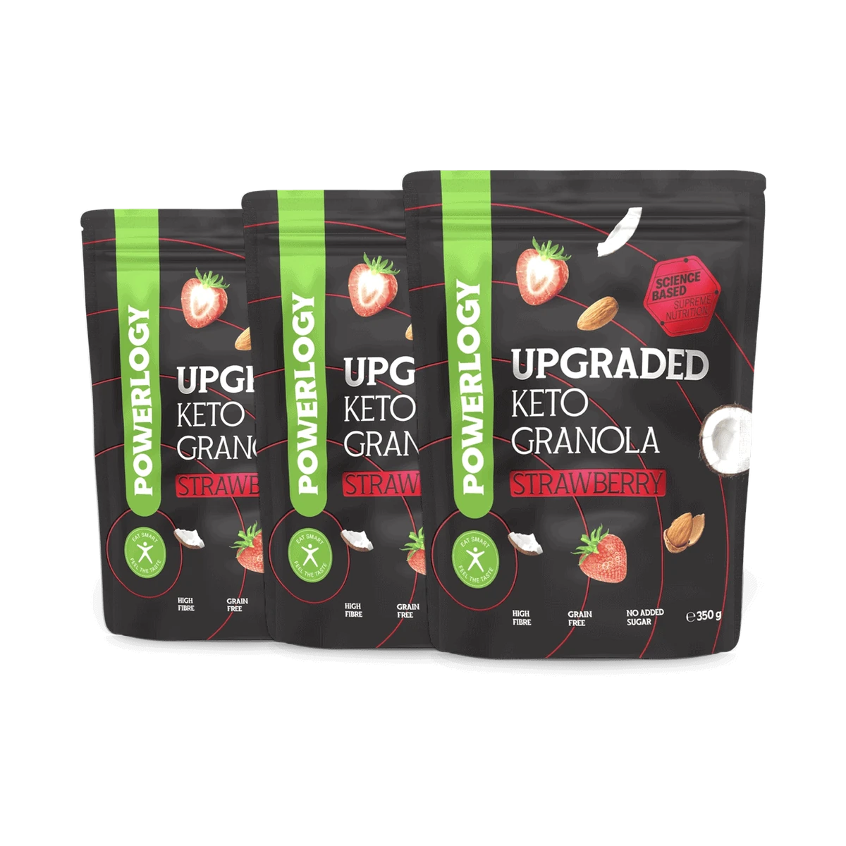 Powerlogy Upgraded Keto Granola Strawberry 3 x 350 g Bezlepková keto granola s čakankovou vlákninou, kokosovými čipsami, orechmi a jahodami