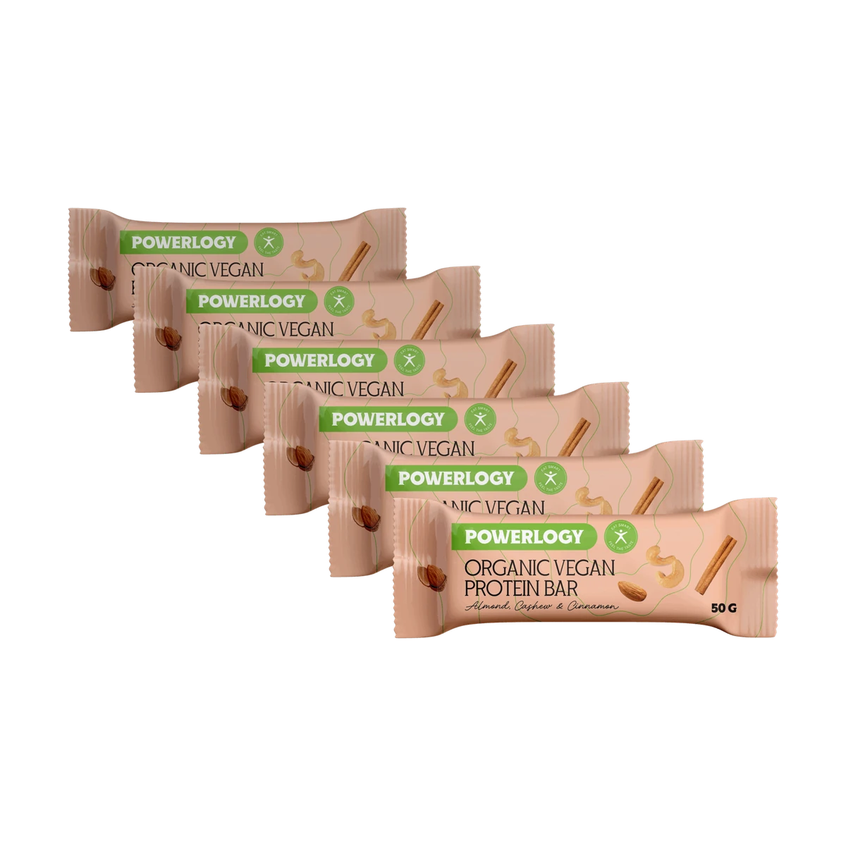 Powerlogy Organic Vegan Protein Bar 6 x 50 g Certifikovaná BIO a VEGAN proteínová tyčinka s prebiotickou vlákninou, mandľami a škoricou