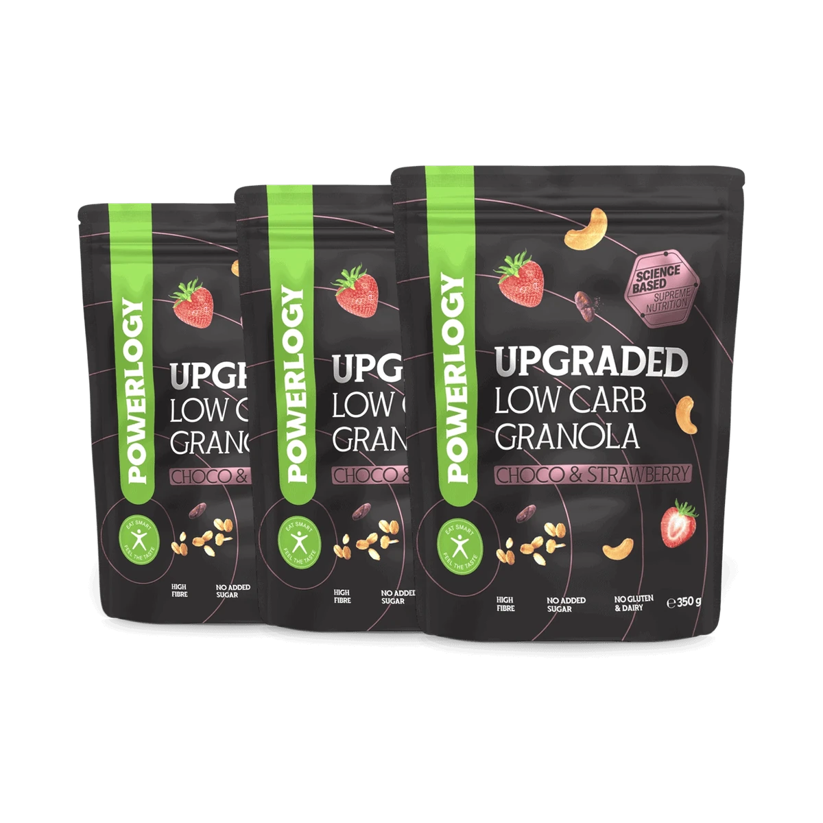 Powerlogy Upgraded Low Carb Granola Choco & Strawberry 3 x 350 g Bezlepková nízkosacharidová granola s čakankovou vlákninou, horkou čokoládou, kešu…
