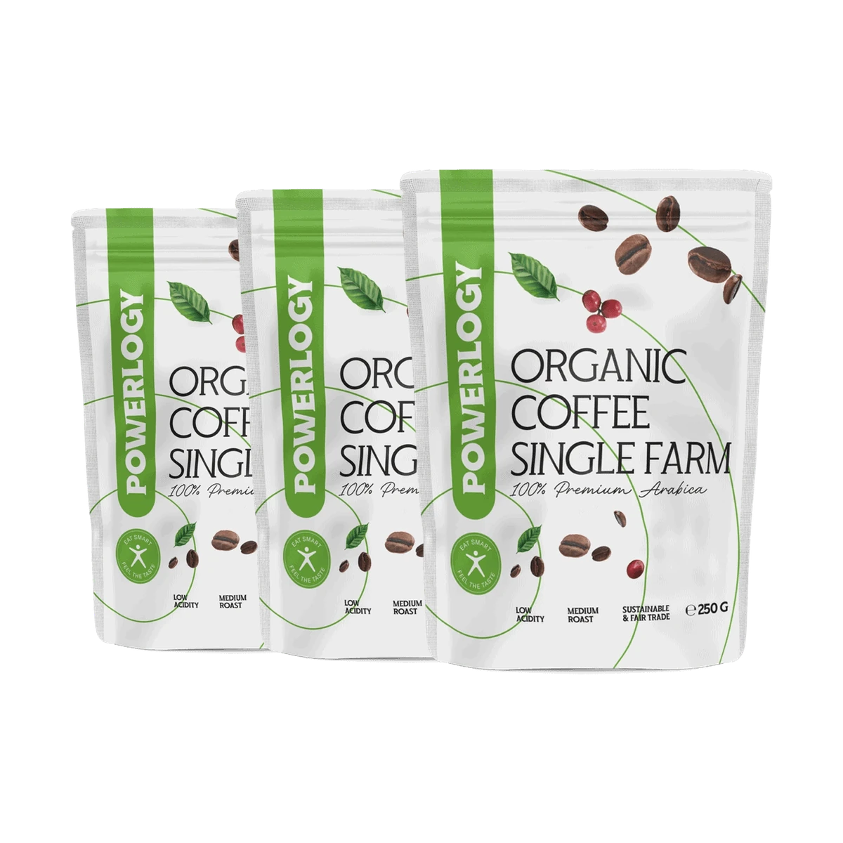 Powerlogy Organic Coffee 3 x 250 g BIO zrnková káva 100 % arabica, v chuti figy a čokoláda