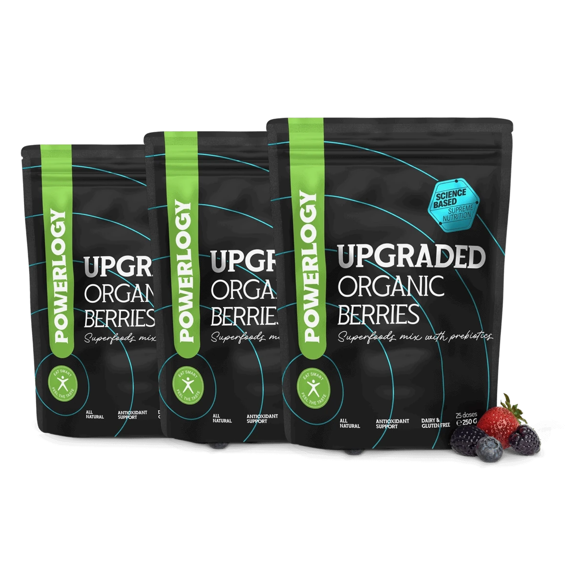 Powerlogy Upgraded Organic Berries 3 x 250 g BIO superfood mix 5 druhov bobuľového ovocia a prebiotickej vlákniny
