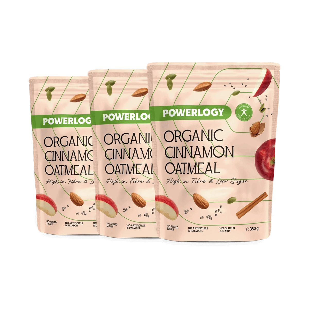 Powerlogy Organic Cinnamon Oatmeal 3 x 350 g Bezlepková BIO raňajková kaša s jablkami, škoricou, chia semienkami a mandľami