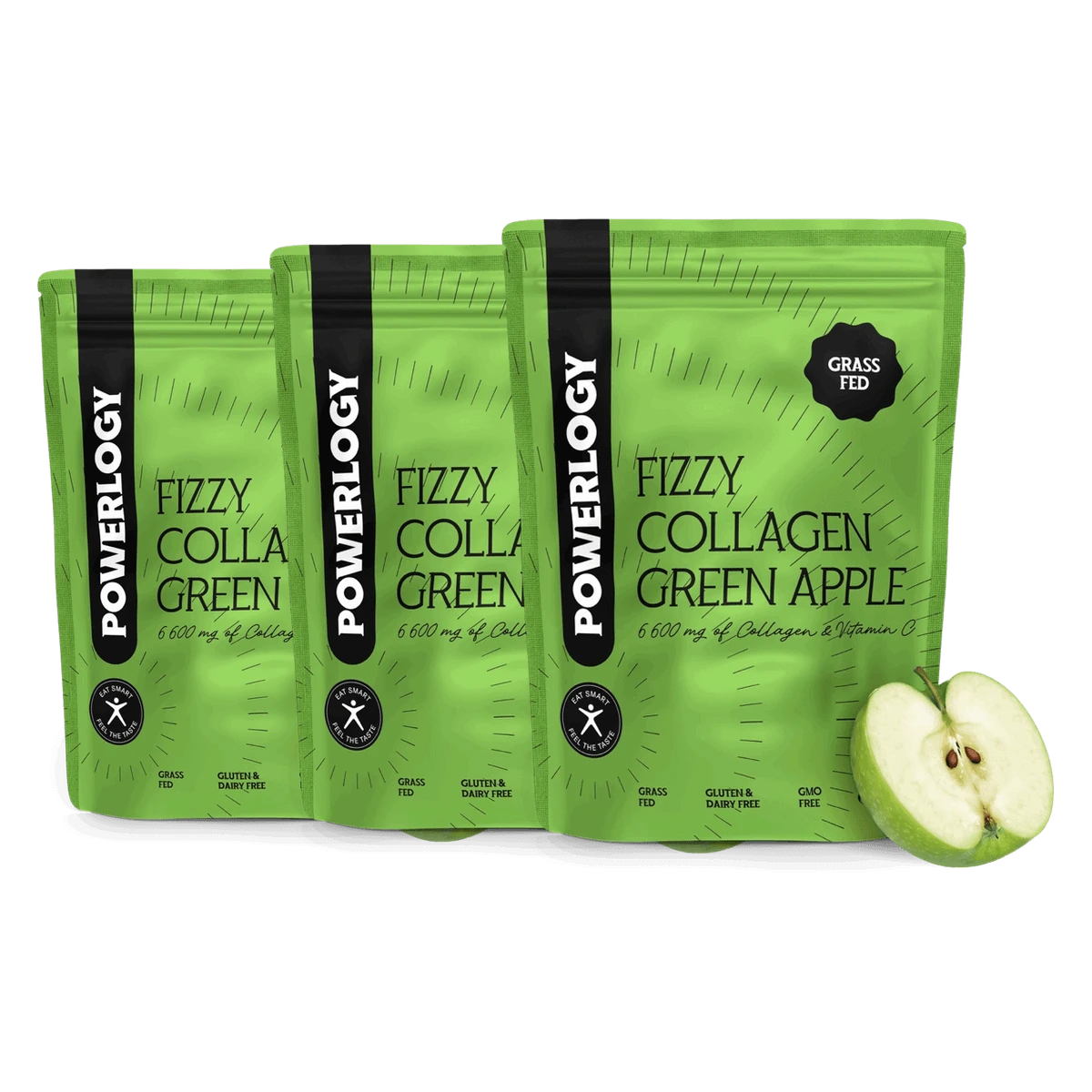 Powerlogy Fizzy Collagen Green Apple 3 x 300 g Šumivý grass fed kolagén s vitamínom C a jablkovou príchuťou