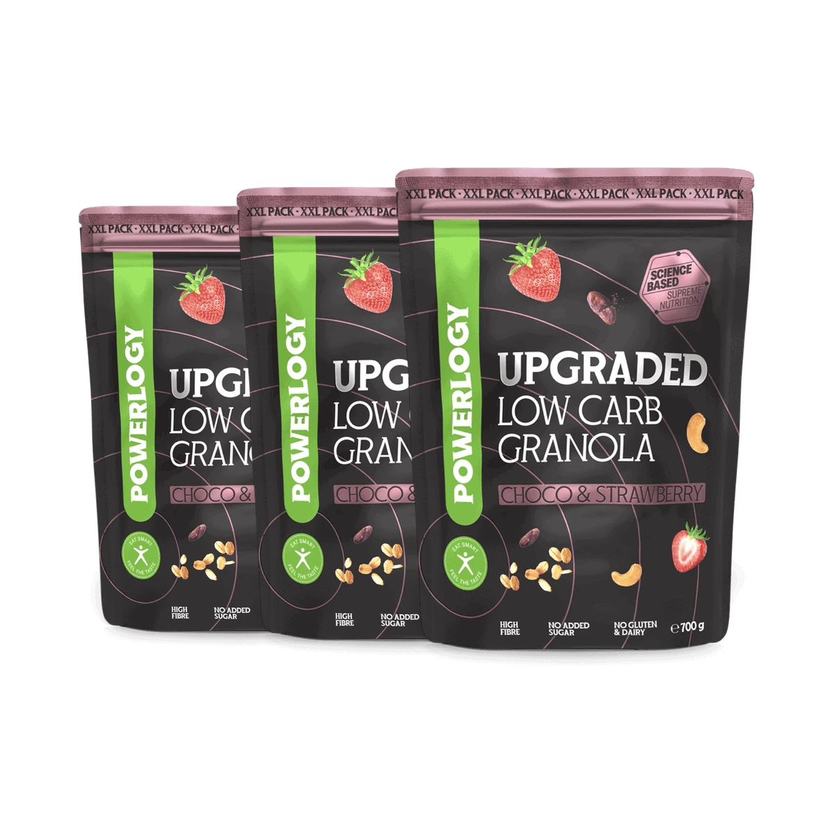 Powerlogy Upgraded Low Carb Granola Choco & Strawberry 3 x 700 g XXL Bezlepková nízkosacharidová granola s čakankovou vlákninou, horkou čokoládou,