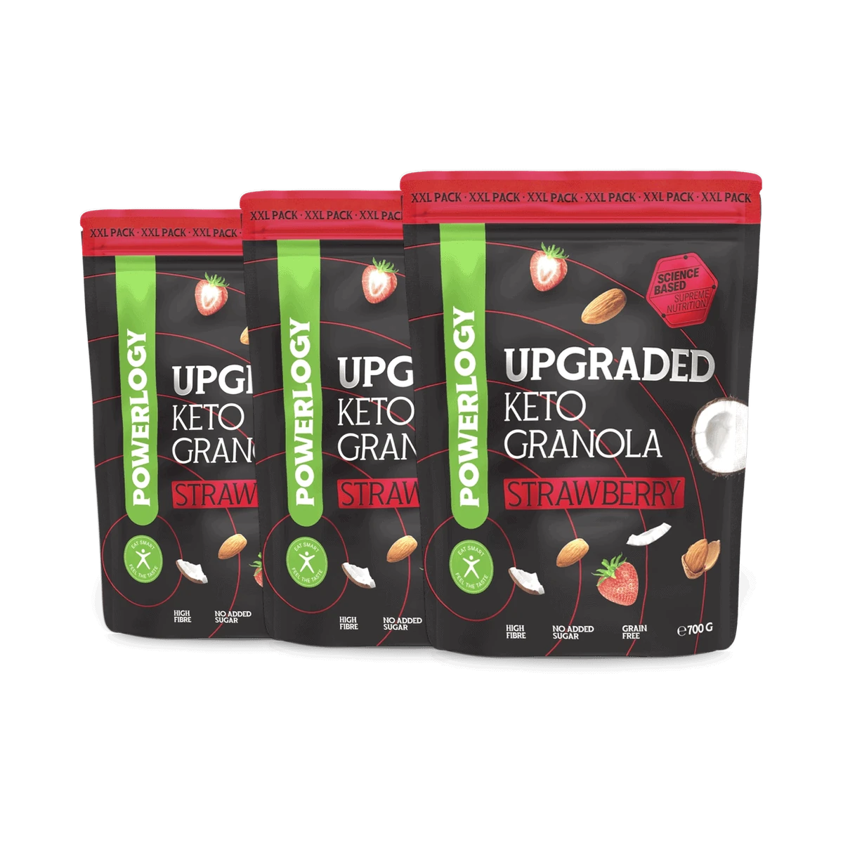 Powerlogy Upgraded Keto Granola Strawberry 3 x 700 g XXL Bezlepková keto granola s čakankovou vlákninou, kokosovými čipsami, orechmi a jahodami