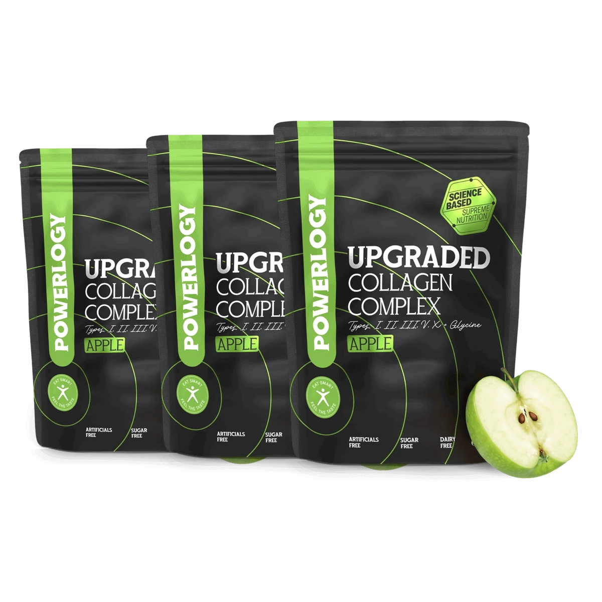 Powerlogy Upgraded Collagen Complex Apple 3 x 300 g Multikolagénový komplex s extra glycínom, vitamínom C a jablkovou príchuťou