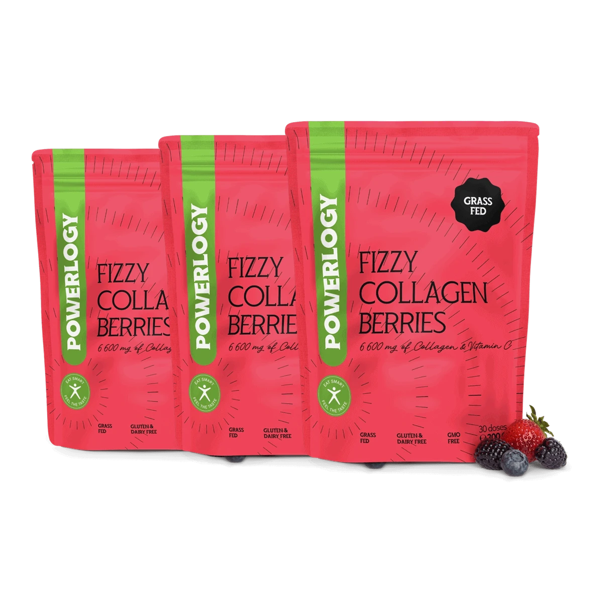 Powerlogy Fizzy Collagen Berries 3 x 300 g Šumivý grass fed kolagén s vitamínom C a príchuťou bobuľového ovocia