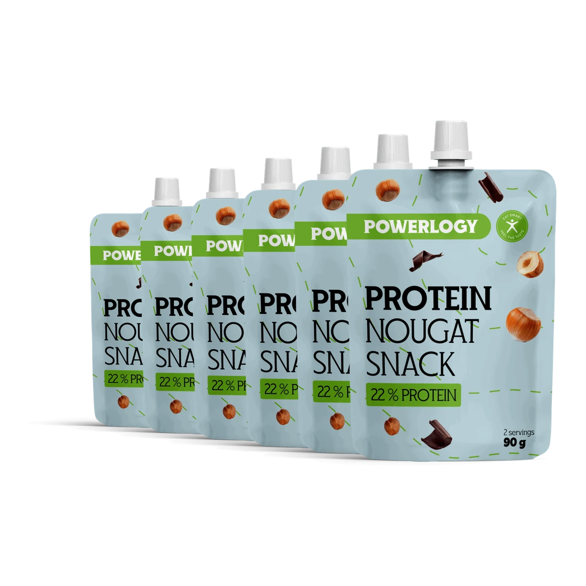 Powerlogy Protein Nougat Snack 6 x 90 g Proteínový lieskovo-orieškový krém s kolagénom, MCT olejom a kakaom v praktickom vytláčacom balení
