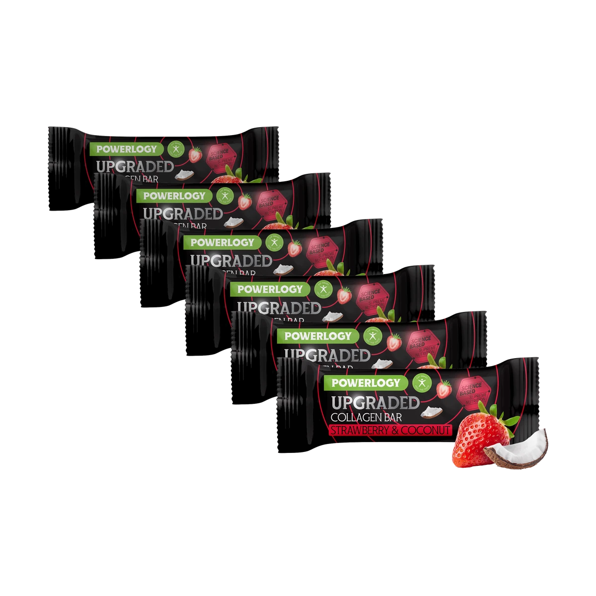 Powerlogy Upgraded Collagen Bar Strawberry 6 x 50 g Tyčinka so hydrolyzovaným kolagénom, prebiotickou vlákninou, kokosom a lyofilizovanými jahodami