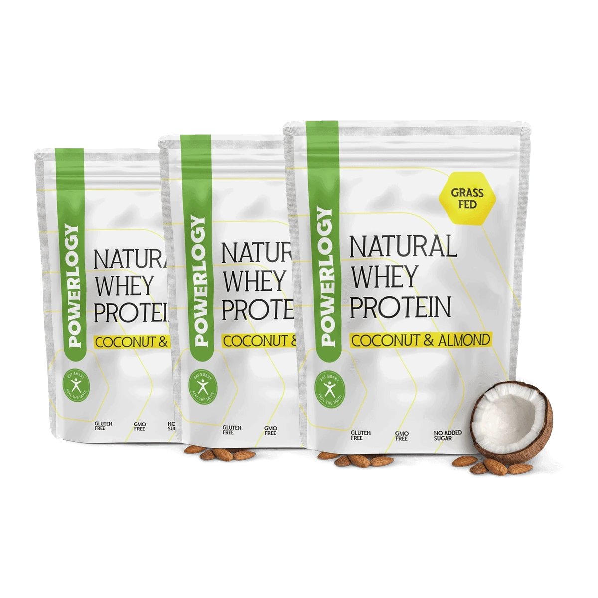 Powerlogy Whey Protein Coconut & Almond 3 x 1 kg 100 % čistý grass-fed srvátkovo-ryžový proteín s príchuťou kokos-mandľa bez umelých sladidiel