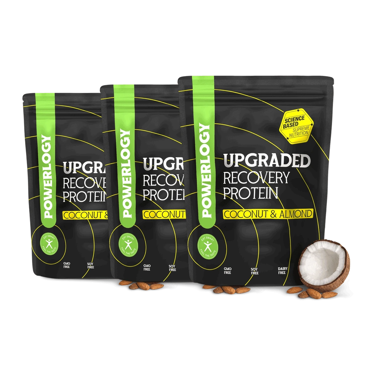 Powerlogy Upgraded Recovery Protein Coconut & Almond 3 x 500 g Hovädzí proteín s komplexným profilom aminokyselín, kreatínom, Palatinose® a Zynamite®
