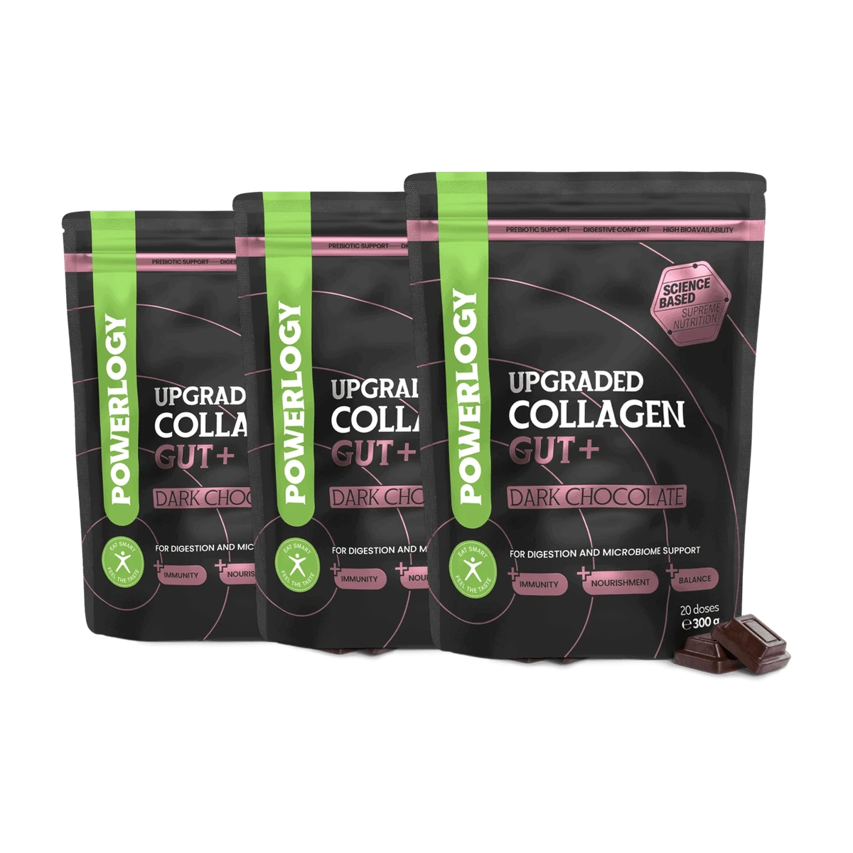 Powerlogy Upgraded Collagen Gut+ 3 x 300 g Grass fed kolagén s kolostrom, glycínom a prebiotickou vlákninou