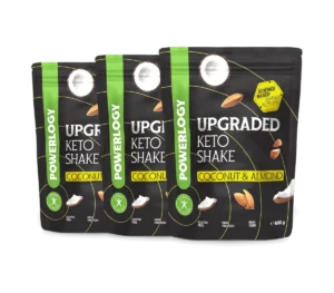 Powerlogy Upgraded Keto Shake Coconut & Almond 3 x 600 g Nápoj s kolagénom, Hydrobeef® proteínom, MCT, vitamínmi, minerálmi a prebiotickou vlákninou