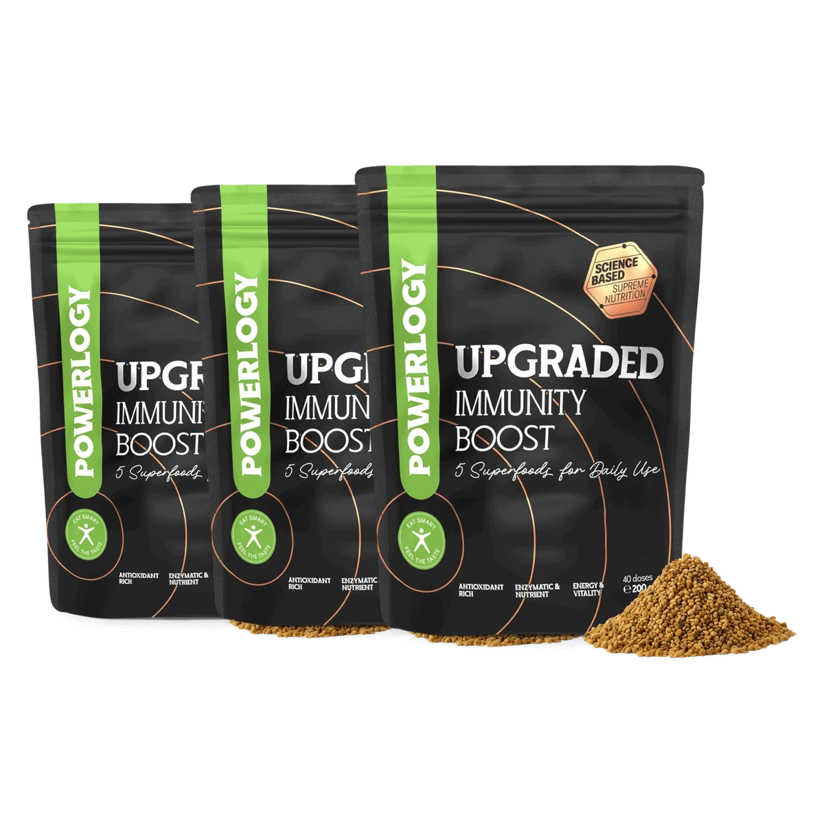 Powerlogy Upgraded Immunity Boost 3 x 200 g BIO zmes piatich superpotravín so včelím peľom pre prirodzenú podporu imunity a vitality