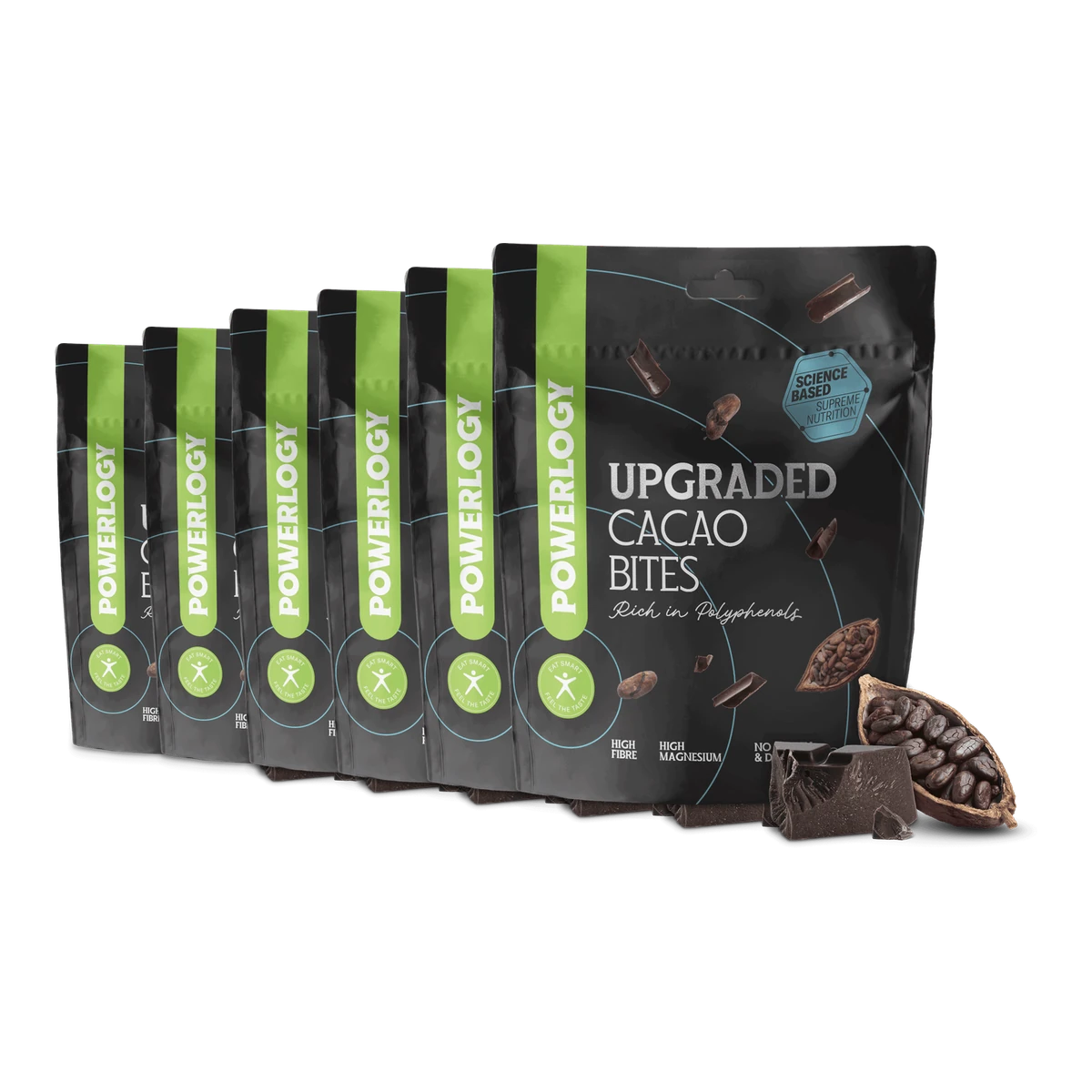 Powerlogy Upgraded Cacao Bites 6 x 100 g Chrumkavé kakaové bôby v bean-to-bar 70 % čokoláde s MCT olejom