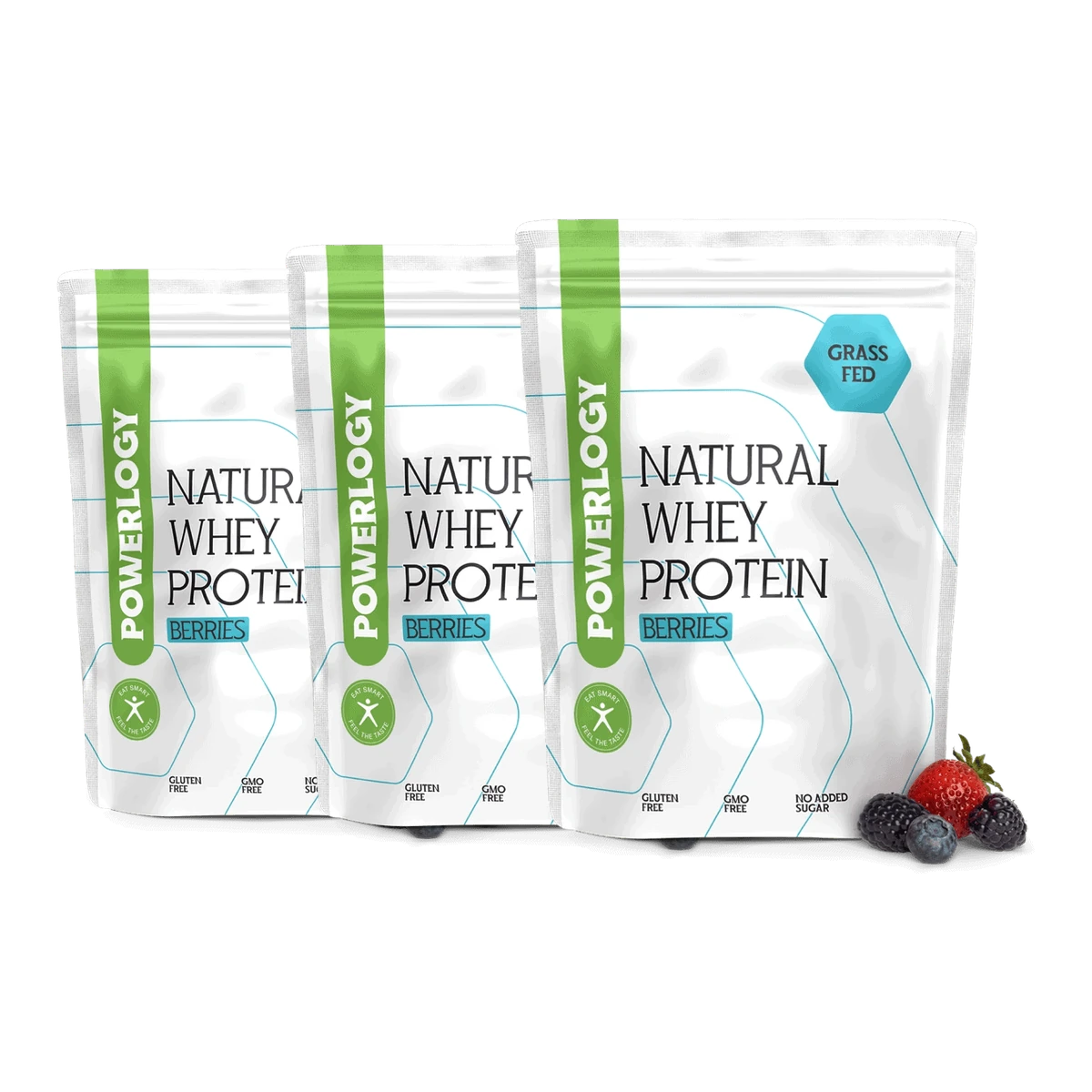 Powerlogy Whey Protein Berries 3 x 1 kg 100 % čistý grass-fed srvátkovo-ryžový proteín s príchuťou lesného ovocia bez umelých sladidiel