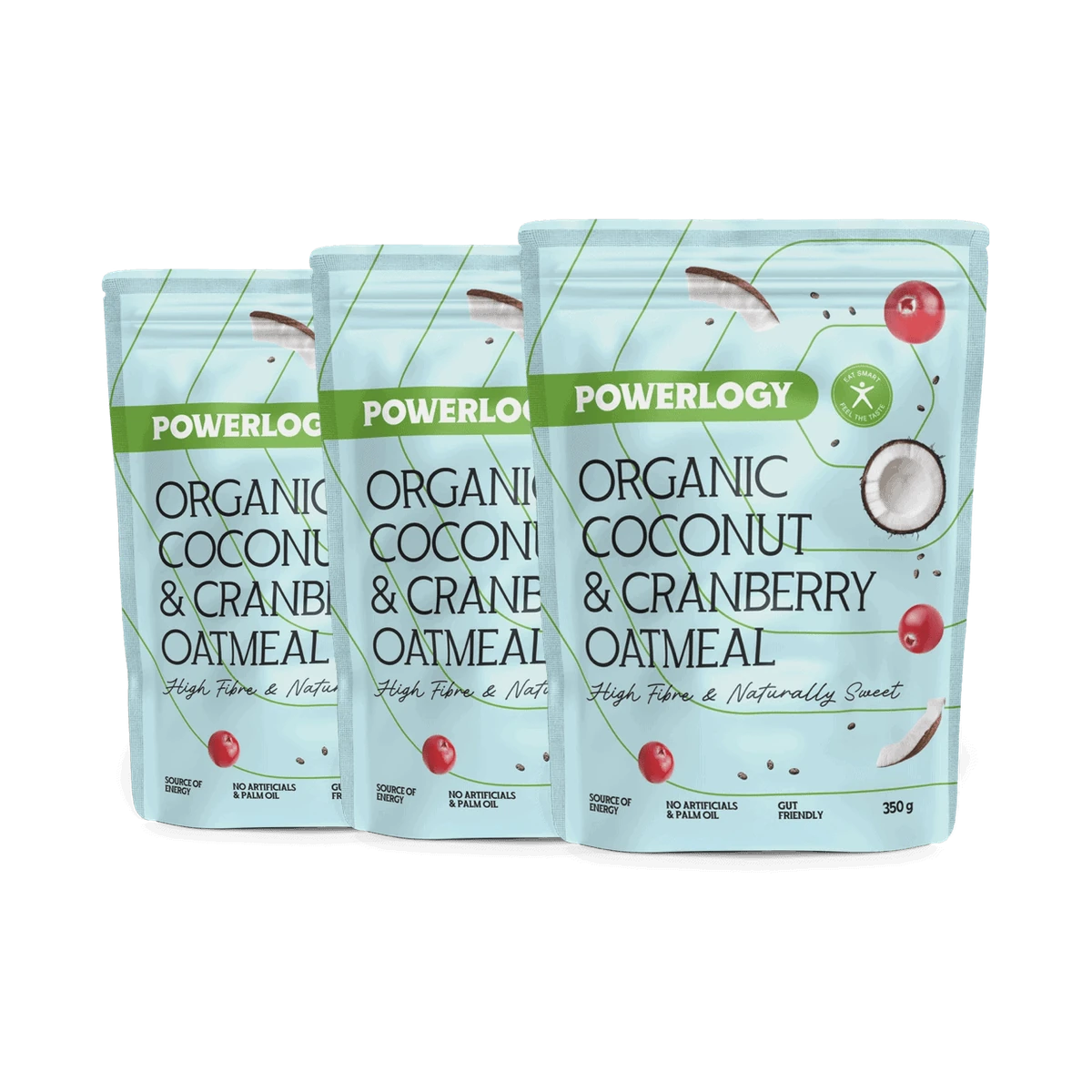 Powerlogy Organic Coconut & Cranberry Oatmeal 3 x 350 g Bezlepková BIO raňajková kaša s kokosom, brusnicami a vysokým obsahom vlákniny