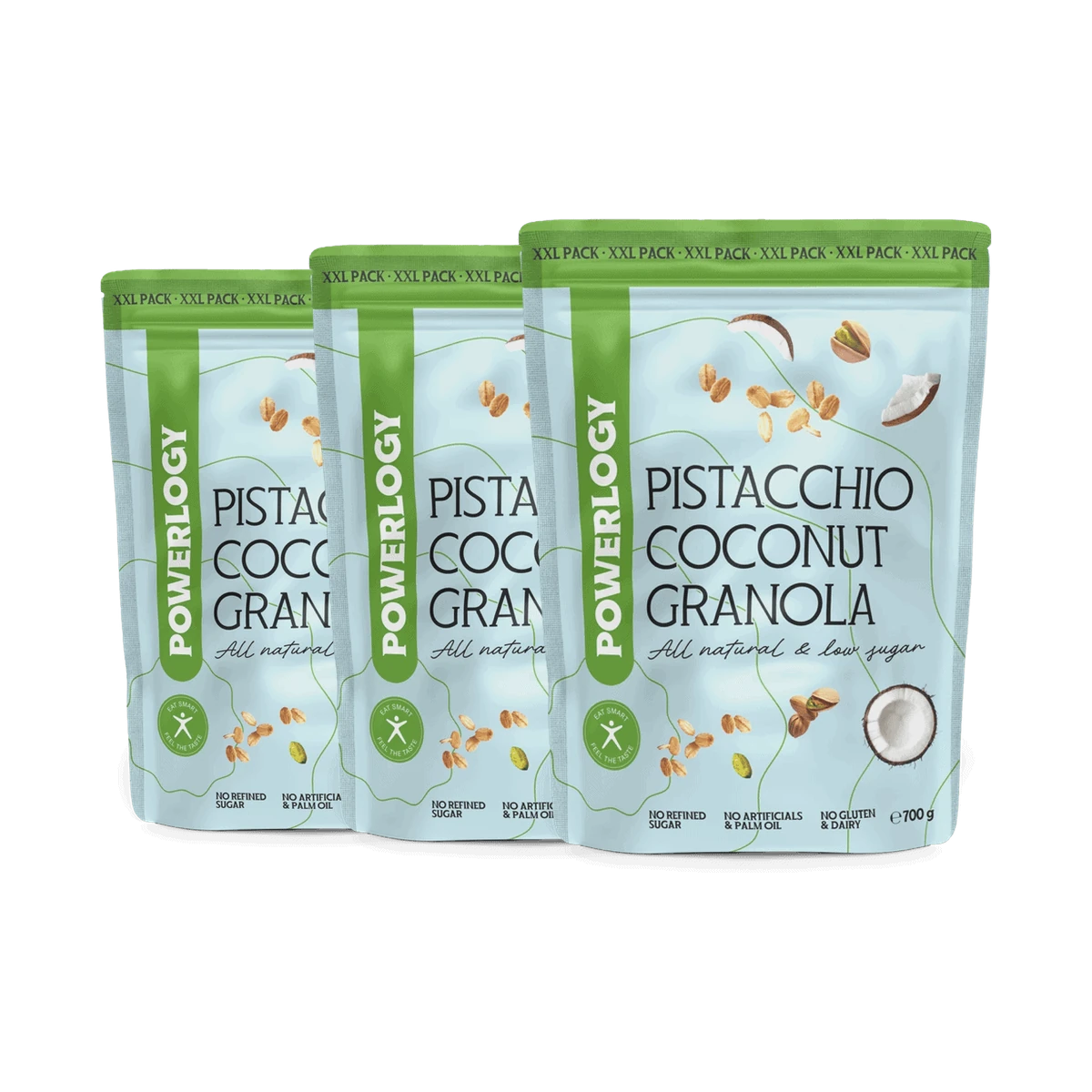 Powerlogy Pistacchio Coconut Granola 3 x 700 g XXL Bezlepková granola s pistáciami, kokosovými čipsami a kokosovým sirupom