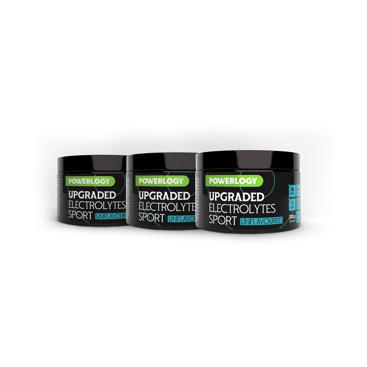Powerlogy Upgraded Sport Electrolytes Unflavoured 3 x 200 g Športové elektrolyty s vysokou vstrebateľnosťou, päť minerálov na rýchlu hydratáciu a