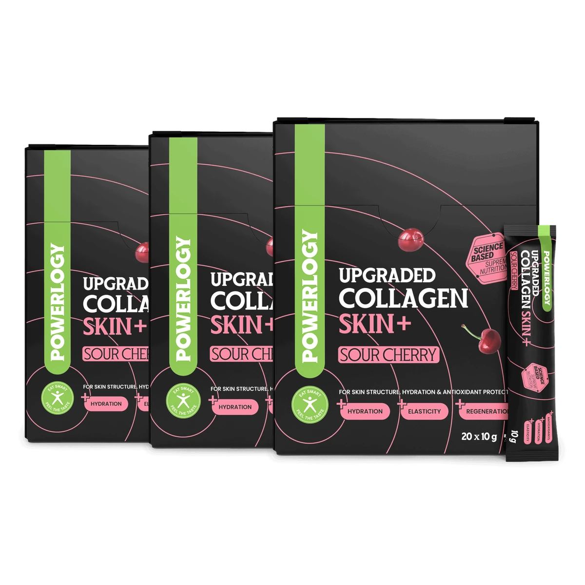 Powerlogy Upgraded Collagen Skin+ 3 x 20 x 10 g Rybí a morský kolagén s kyselinou hyalurónovou, vitamínmi a zinkom pre zdravú hydratovanú pokožku