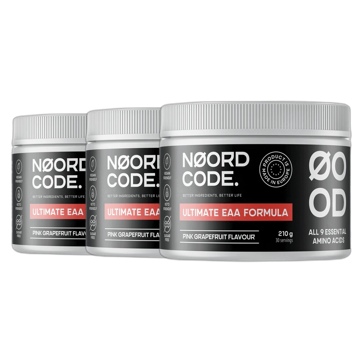 NoordCode Ultimate EAA Formula Pink Grapefruit 3 x 210 g Všetkých 9 esenciálnych aminokyselín, 5 g na dávku - ochutený prášok s ružovým grapefruitom