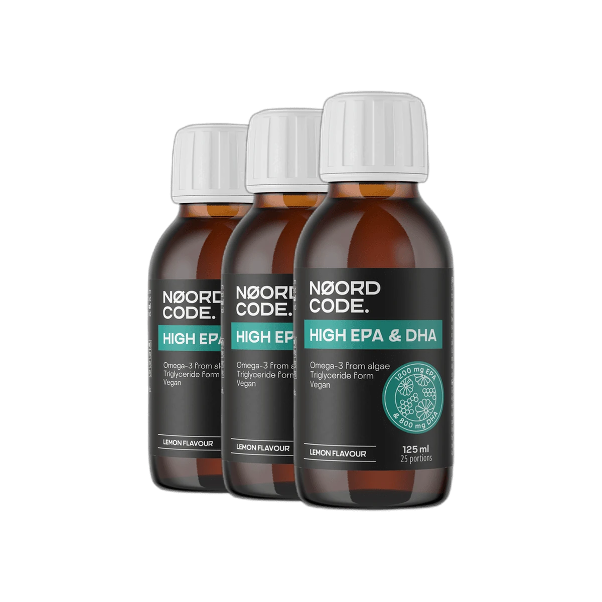 NoordCode Vegan Omega-3 Lemon 3 x 125 ml Vysokodávkový rastlinný omega-3 z rias - 1200 mg EPA a 800 mg DHA v TG forme, bez rybacej pachuti
