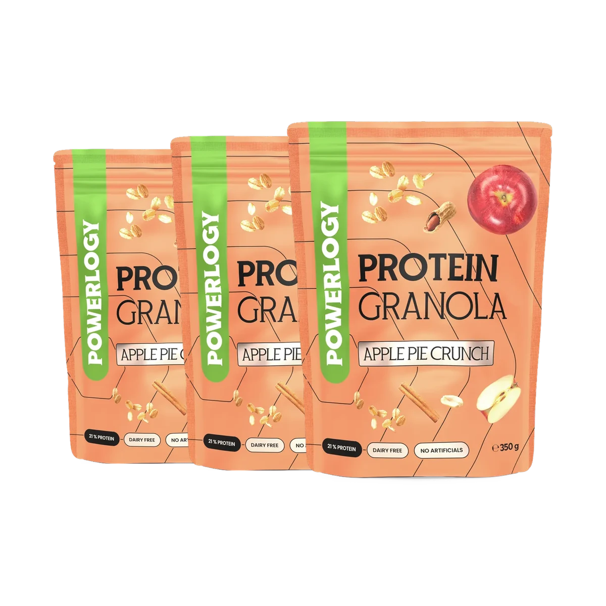 Powerlogy Protein Granola Apple Pie Crunch 3 x 350 g Pečená proteínová granola s arašidmi, sušenými jablkami a škoricou
