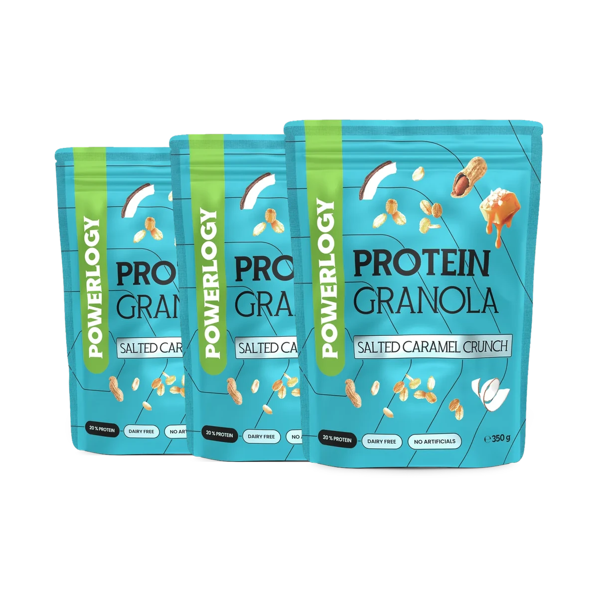 Powerlogy Protein Granola Salted Caramel Crunch 3 x 350 g Pečená proteínová granola s arašidmi, kokosovými chipsami a príchuťou slaného karamelu