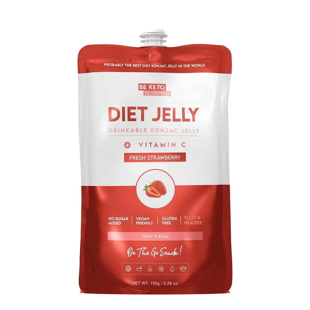 BeKeto Konjac Diet Jelly Fresh Strawberry 5 × 150 g Pitné konjakové želé s jahodou - 9 kcal a 378 mg vitamínu C vo vrecku, 5 × 150 g