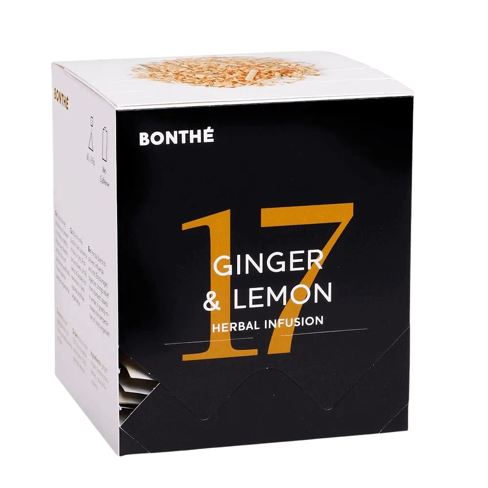 BONTHÉ Ginger & Lemon 16 x 2,5 g Bylinný čaj s ostrou chuťou zázvoru a sviežimi tónmi citróna, ideálny na zahriatie a osvieženie