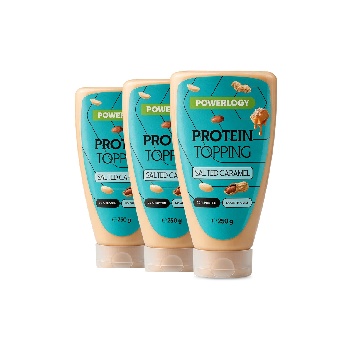 Powerlogy Protein Topping Salted Caramel 3 x 250 g Jemný proteínový topping s kolagénom, arašidmi a príchuťou slaného karamelu