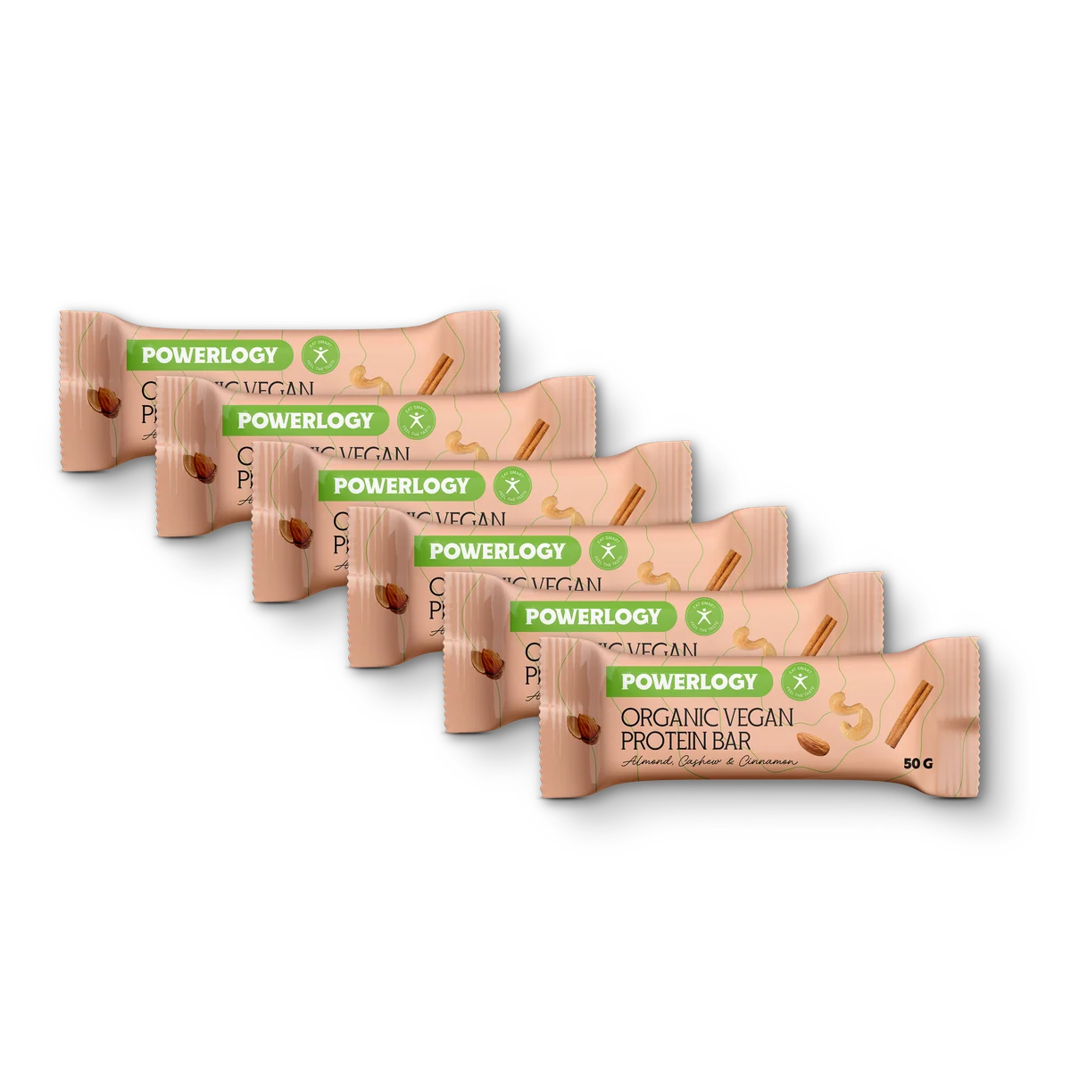 Powerlogy Organic Vegan Protein Bar 6 x 50 g Certifikovaná BIO a VEGAN proteínová tyčinka s prebiotickou vlákninou, mandľami a škoricou
