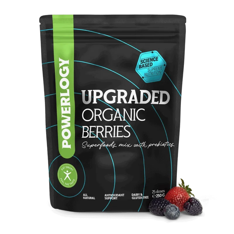 Powerlogy Upgraded Organic Berries 250 g BIO superfood mix 5 druhov bobuľového ovocia a prebiotickej vlákniny
