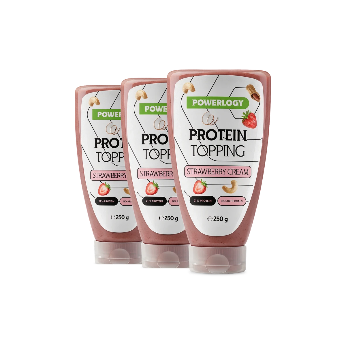 Powerlogy Protein Topping Strawberry Cream 3 x 250 g Jemný proteínový topping s kolagénom, arašidmi, kešu, kokosom a lyofilizovanými jahodami